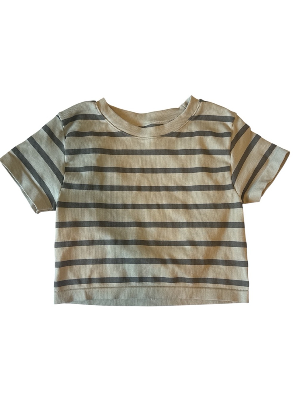 Cropped Short Sleeve Striped Tee - Cream and Gray